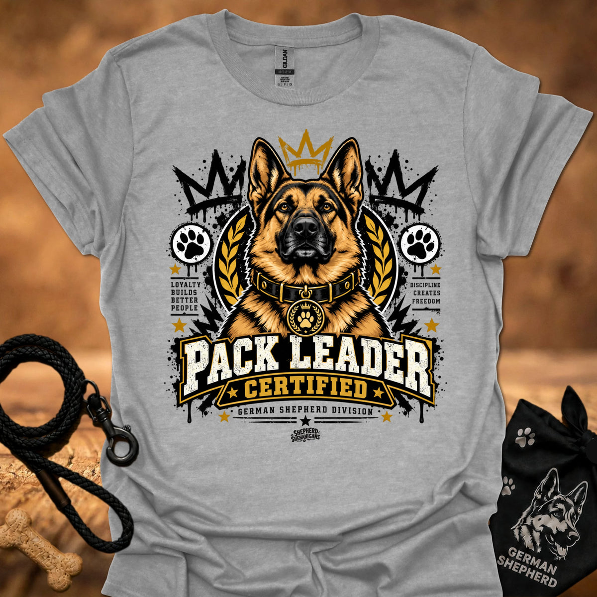 Sport grey T-shirt with German shepherd “Pack Leader Certified” chest graphic