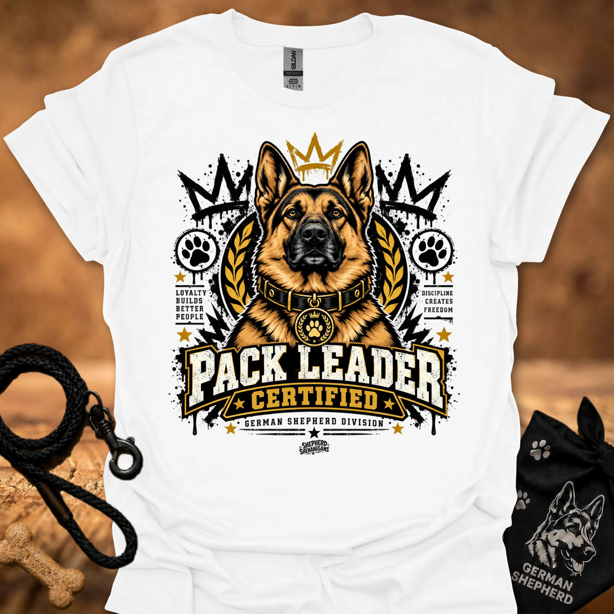 White T-shirt with German shepherd “Pack Leader Certified” chest graphic