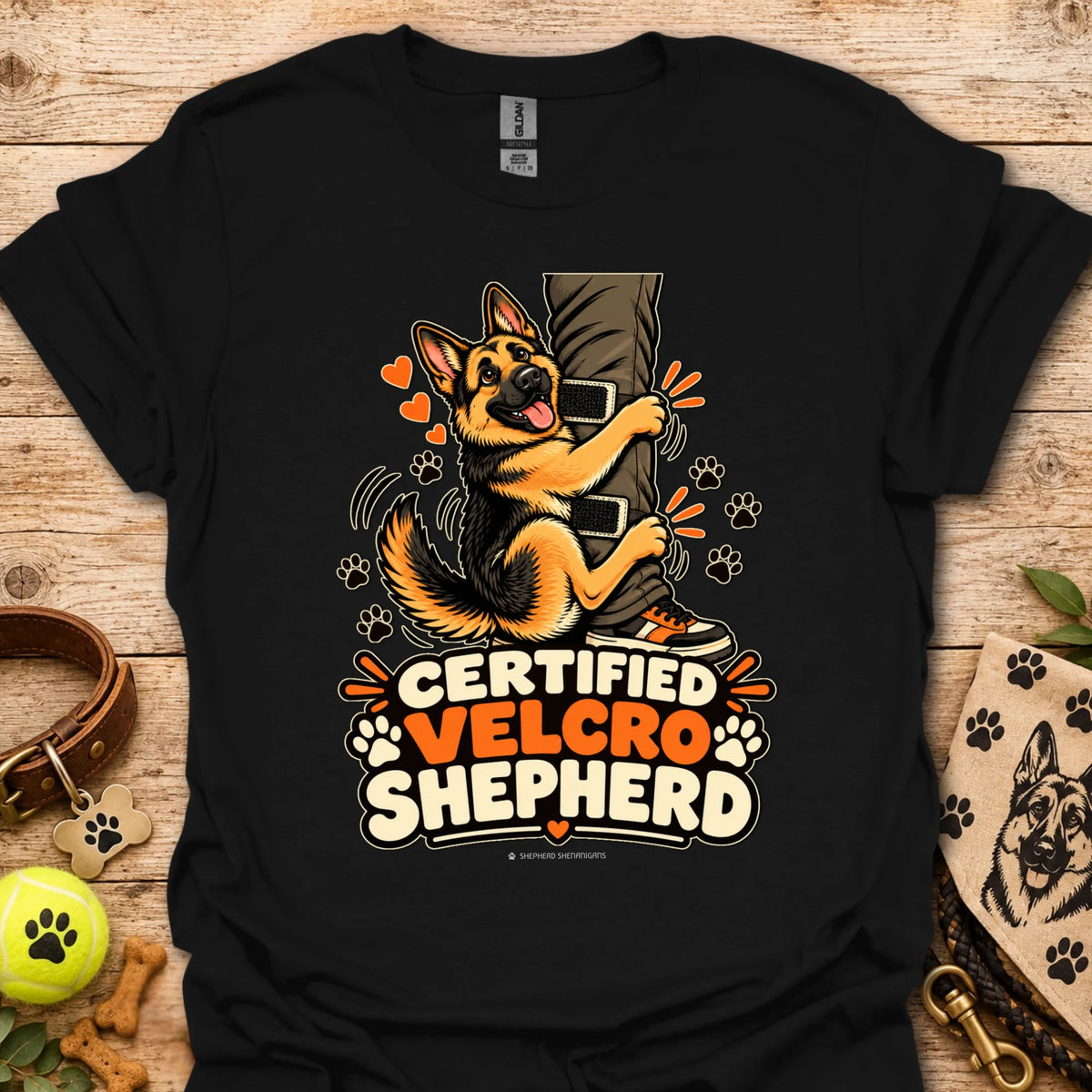 Black T-shirt with “Certified Velcro Shepherd” dog graphic on the front
