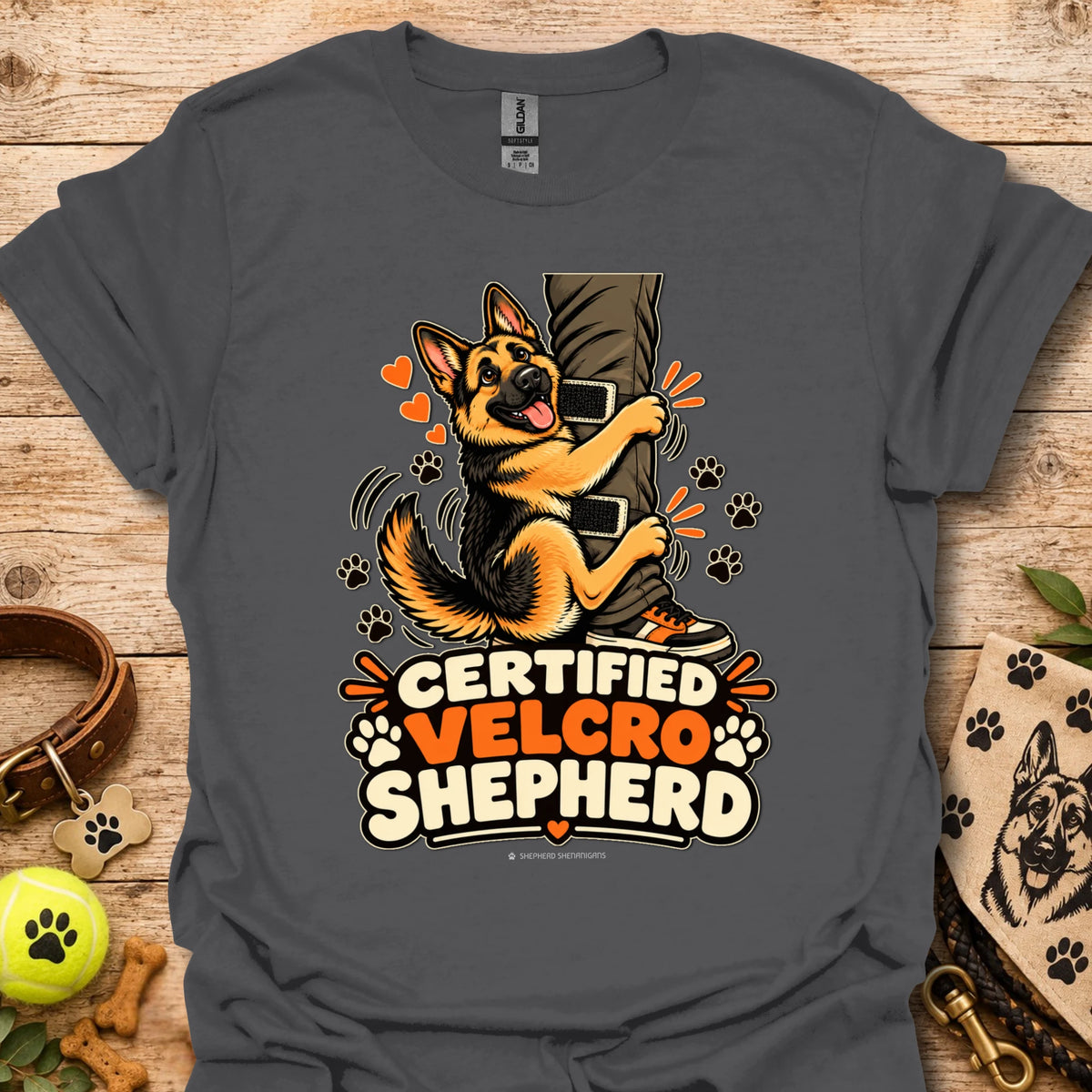Charcoal gray T-shirt with “Certified Velcro Shepherd” dog graphic on the front