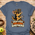 Slate blue T-shirt with “Certified Velcro Shepherd” dog graphic on the front
