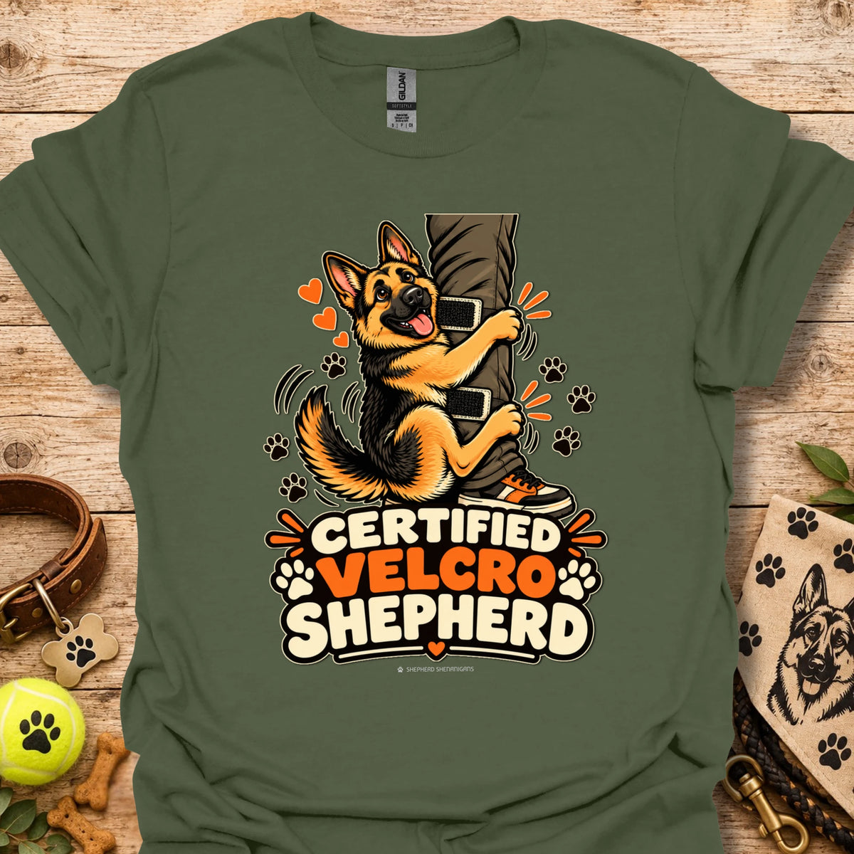 Dark green T-shirt with “Certified Velcro Shepherd” dog graphic on the front