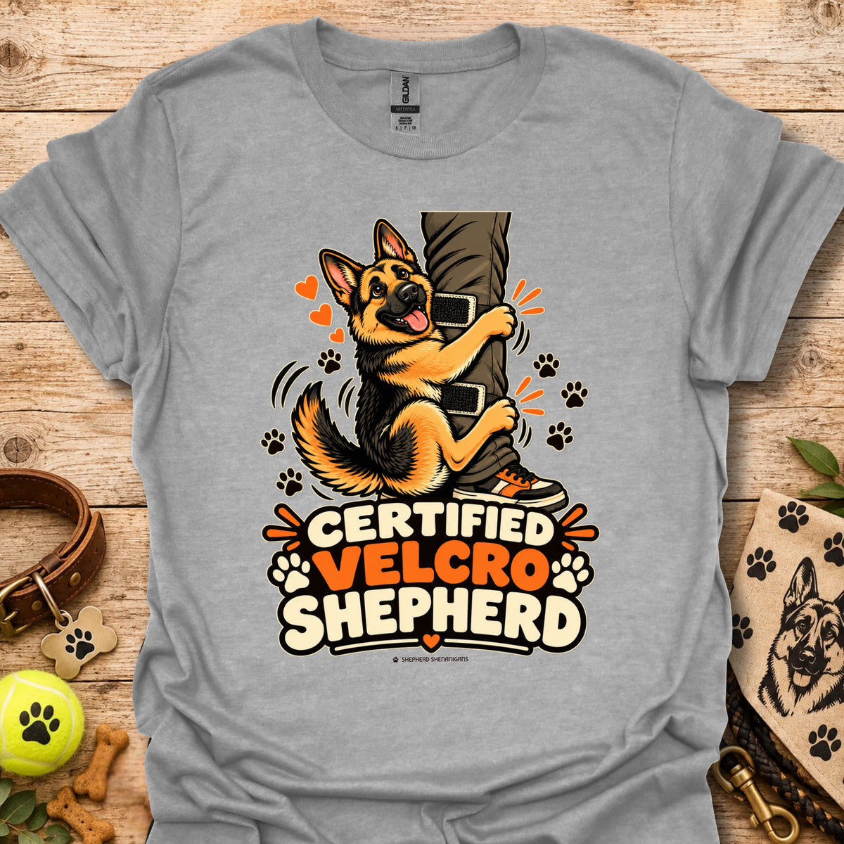 Heather gray T-shirt with “Certified Velcro Shepherd” dog graphic on the front
