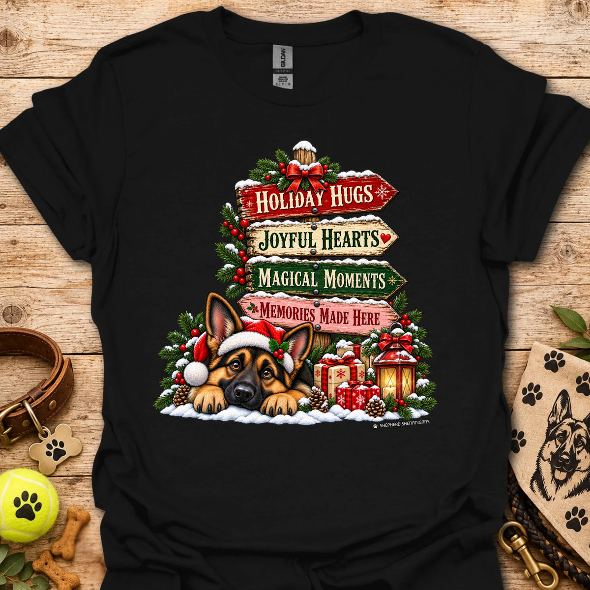Black Christmas Moments T-shirt with holiday dog graphic and festive text