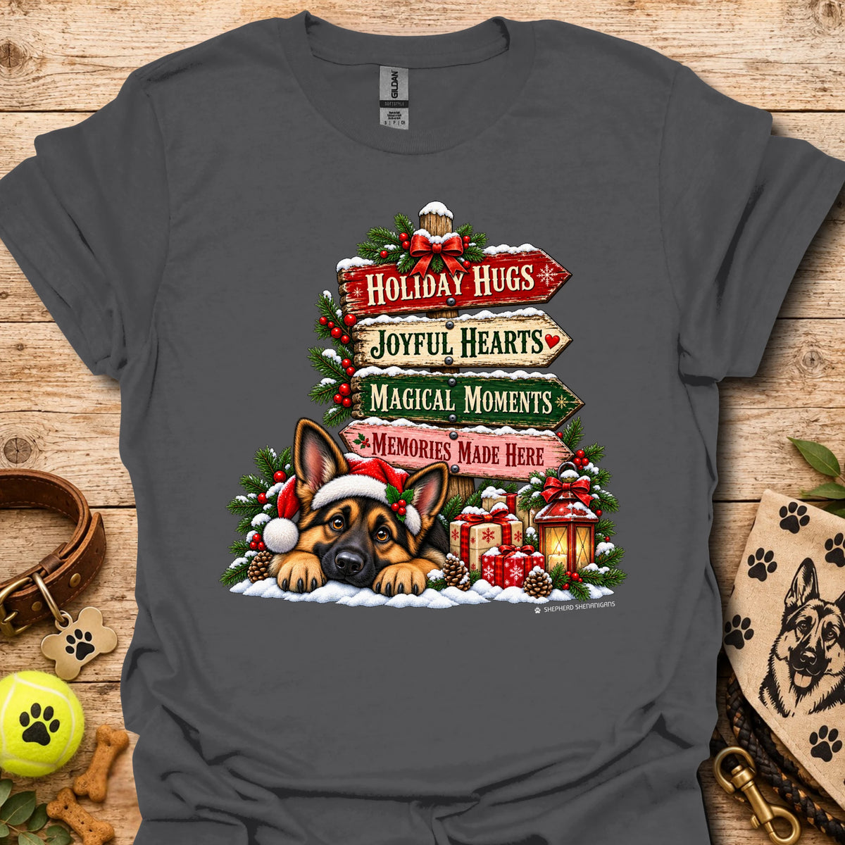 Charcoal Christmas Moments T-shirt with holiday dog graphic and festive text