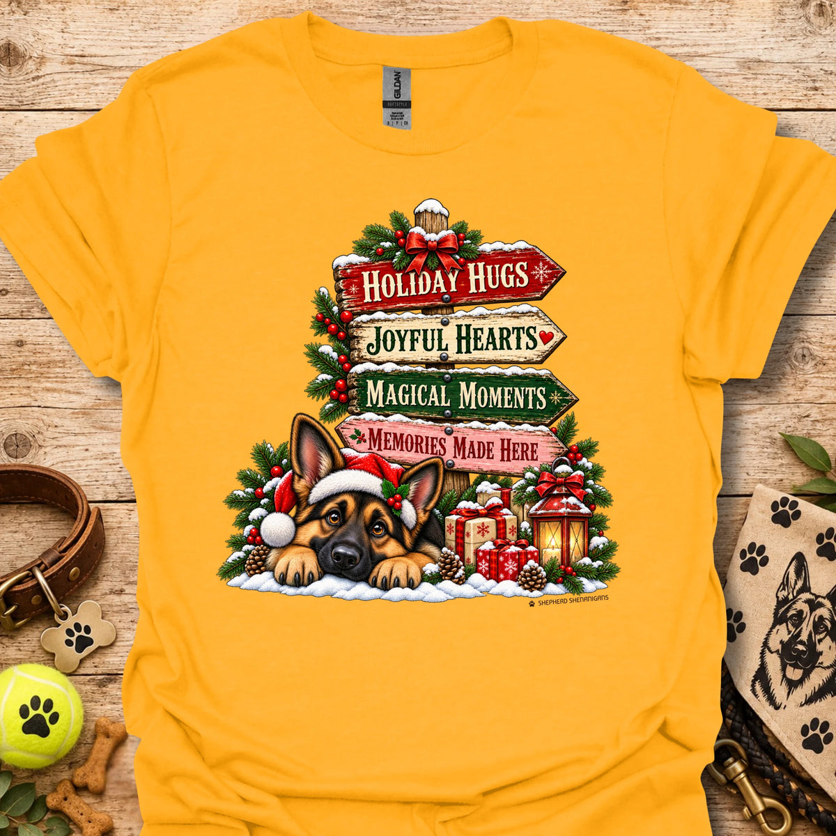 Gold Christmas Moments T-shirt with holiday dog graphic and festive text