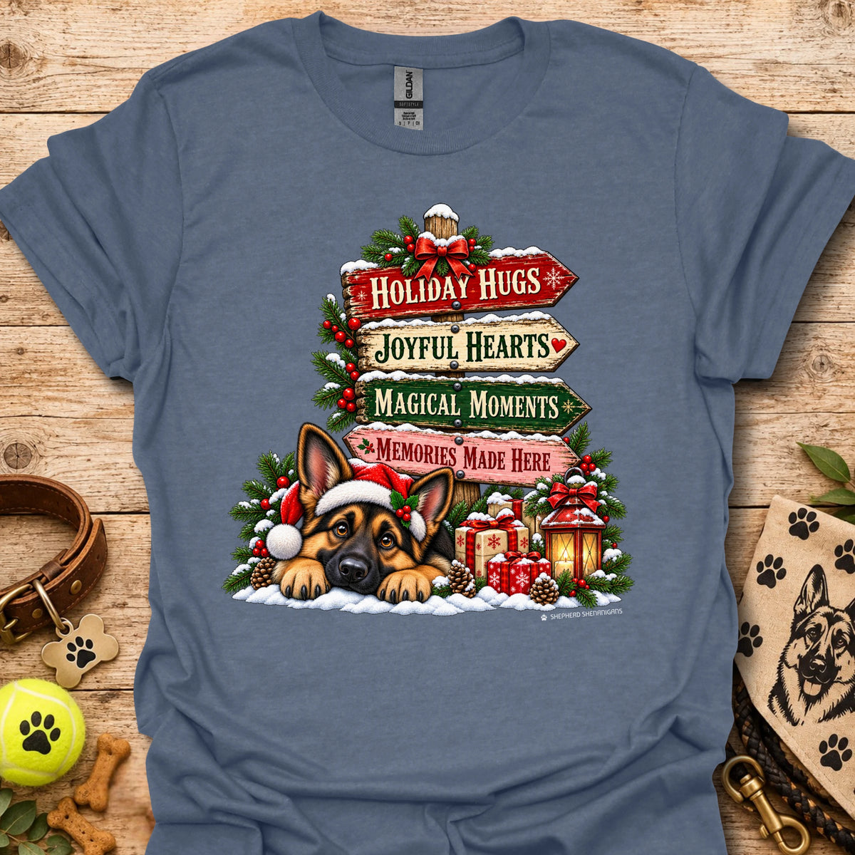 Heather indigo Christmas Moments T-shirt with holiday dog graphic and festive text