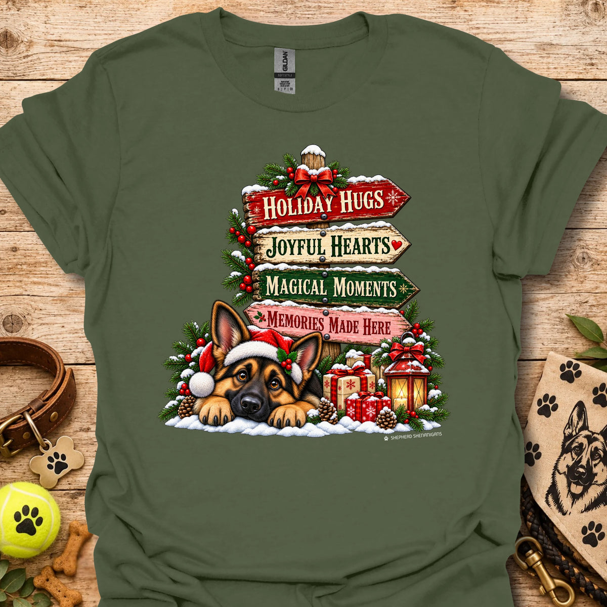 Military green Christmas Moments T-shirt with holiday dog graphic and festive text