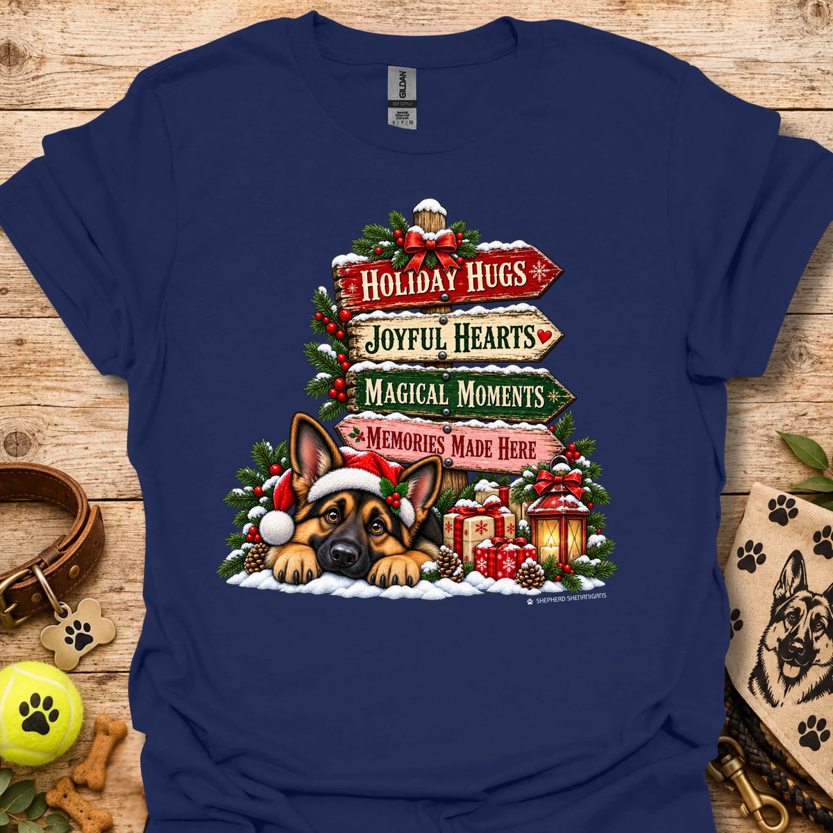 Navy Christmas Moments T-shirt with holiday dog graphic and festive text