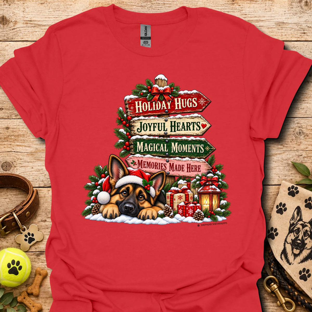 Red Christmas Moments T-shirt with holiday dog graphic and festive text