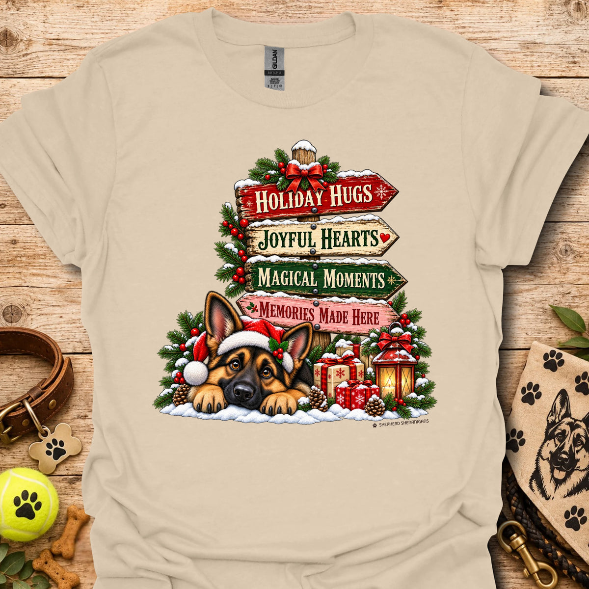 Sand Christmas Moments T-shirt with holiday dog graphic and festive text