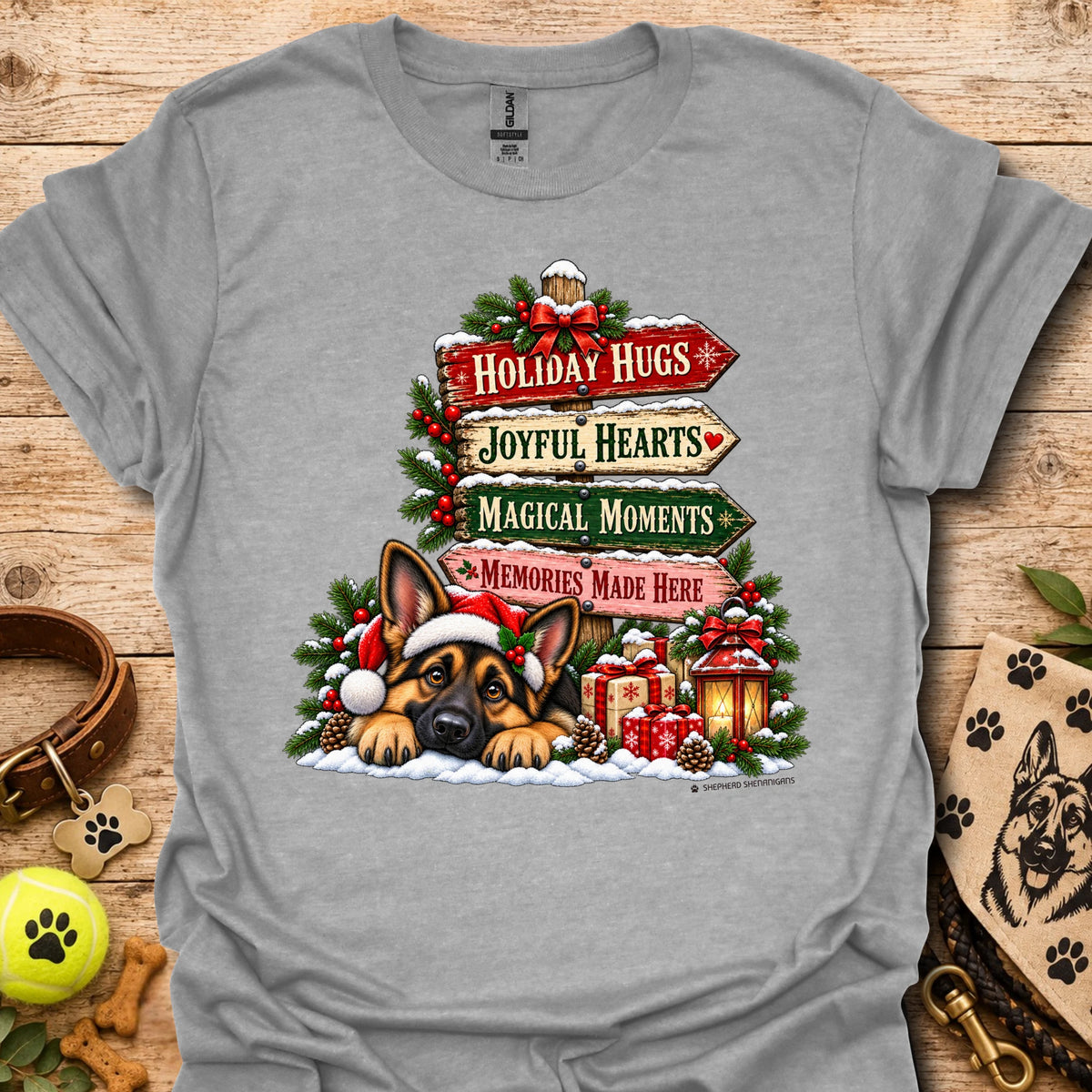 Sport grey Christmas Moments T-shirt with holiday dog graphic and festive text