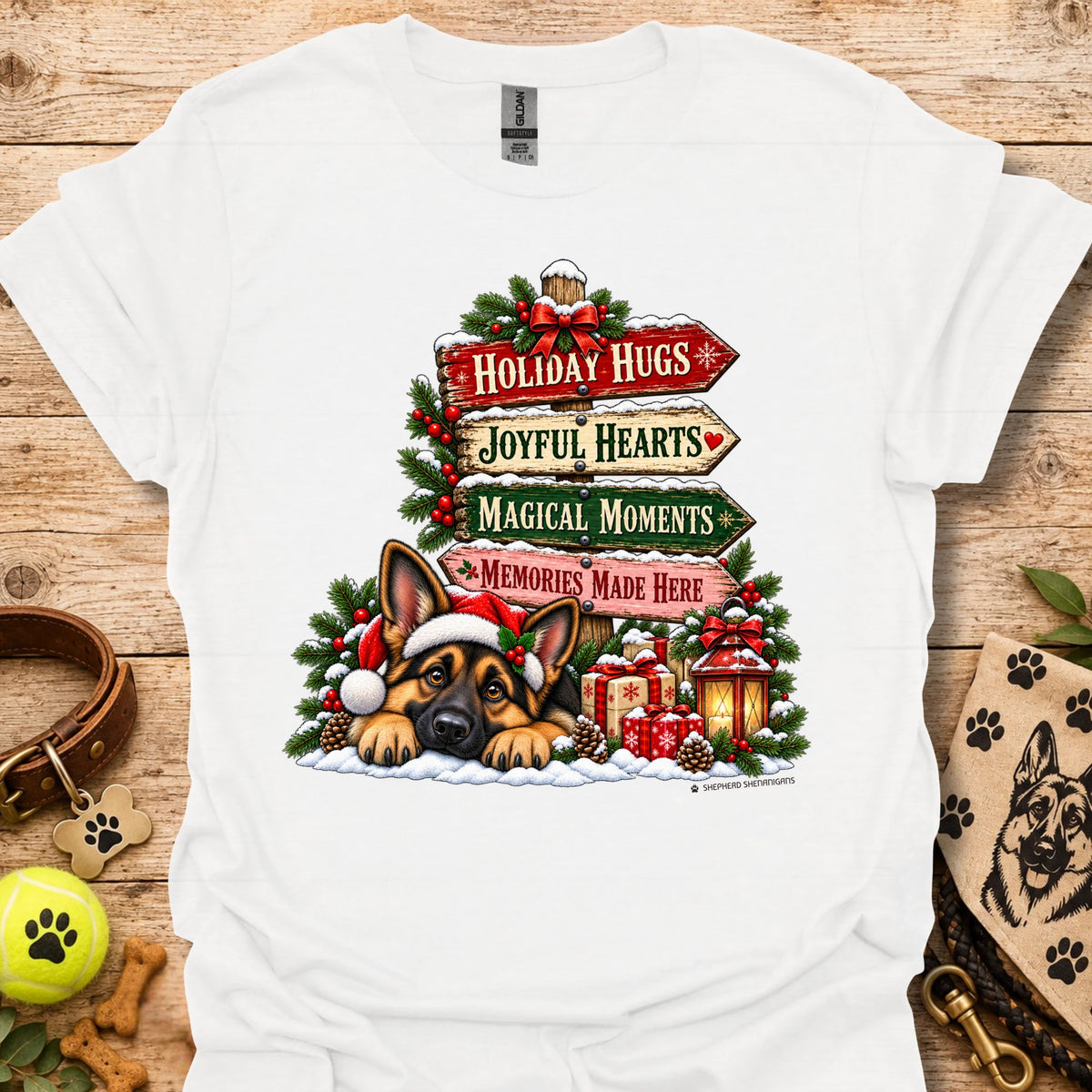 White Christmas Moments T-shirt with holiday dog graphic and festive text