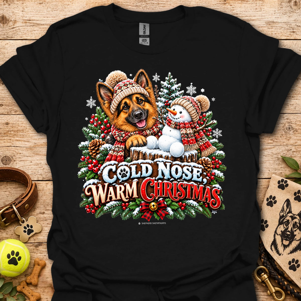 Black t-shirt with dog and snowman graphic, 'Cold Nose Warm Christmas'