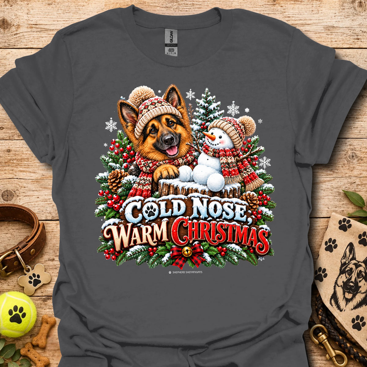 Black t-shirt with dog and snowman graphic, 'Cold Nose Warm Christmas'