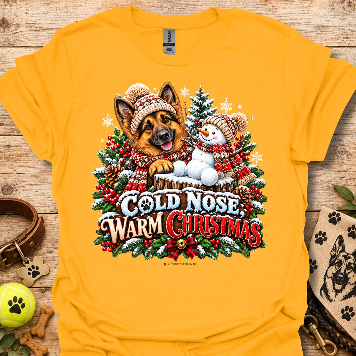 Yellow t-shirt with dog and snowman graphic, 'Cold Nose Warm Christmas'