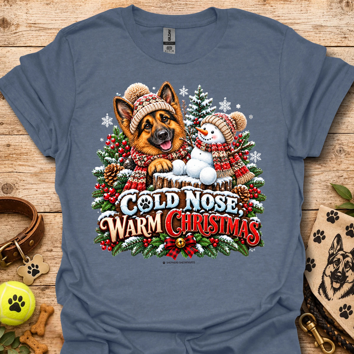 Blue t-shirt with dog and snowman graphic, 'Cold Nose Warm Christmas'