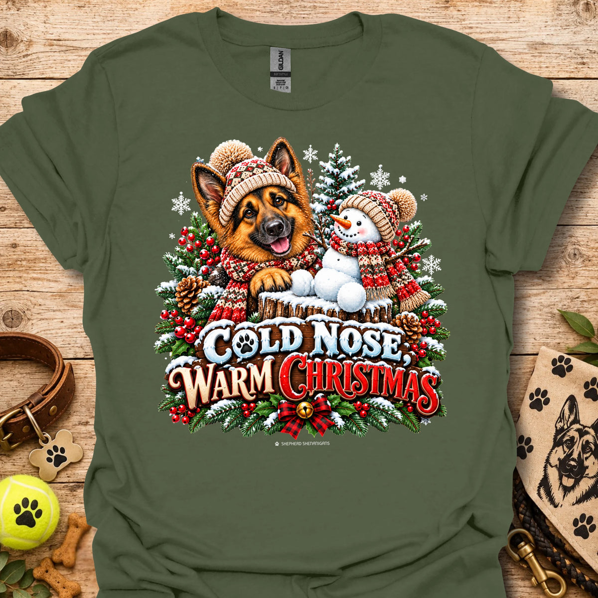Green t-shirt with dog and snowman graphic, 'Cold Nose Warm Christmas'