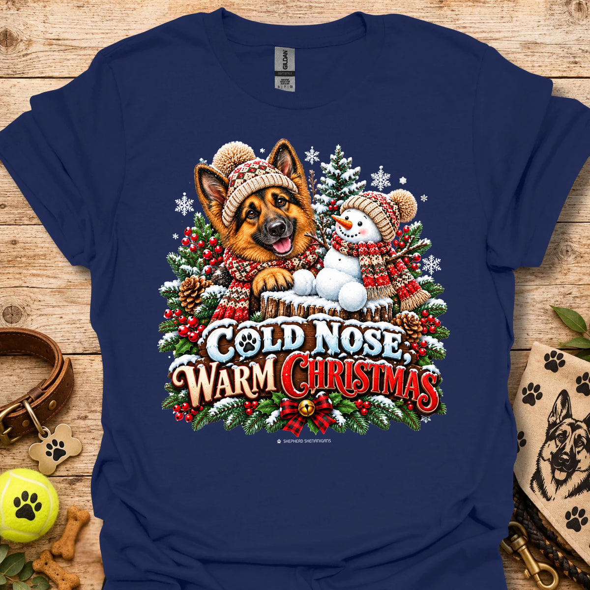 Navy t-shirt with dog and snowman graphic, 'Cold Nose Warm Christmas'