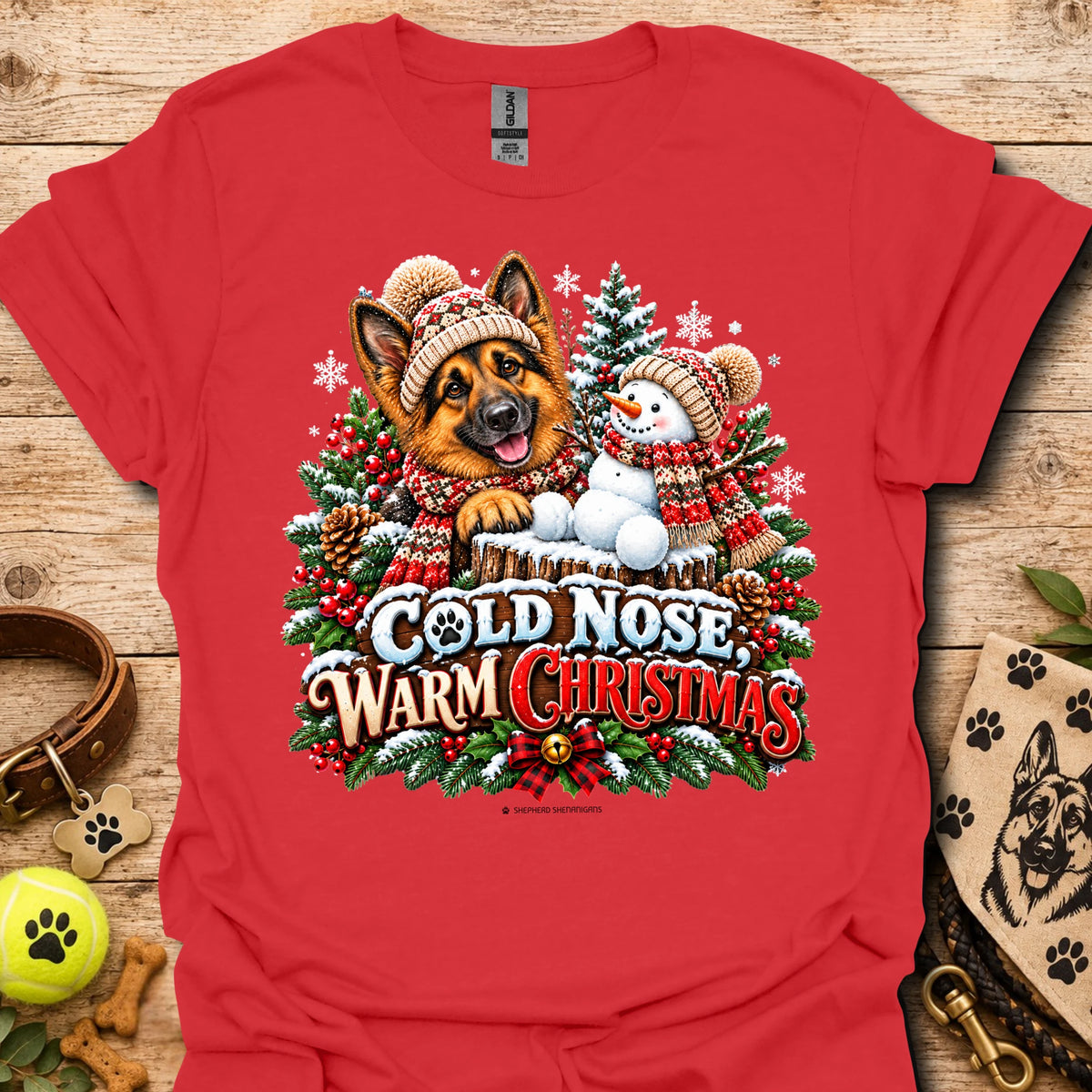 Red t-shirt with dog and snowman graphic, 'Cold Nose Warm Christmas'
