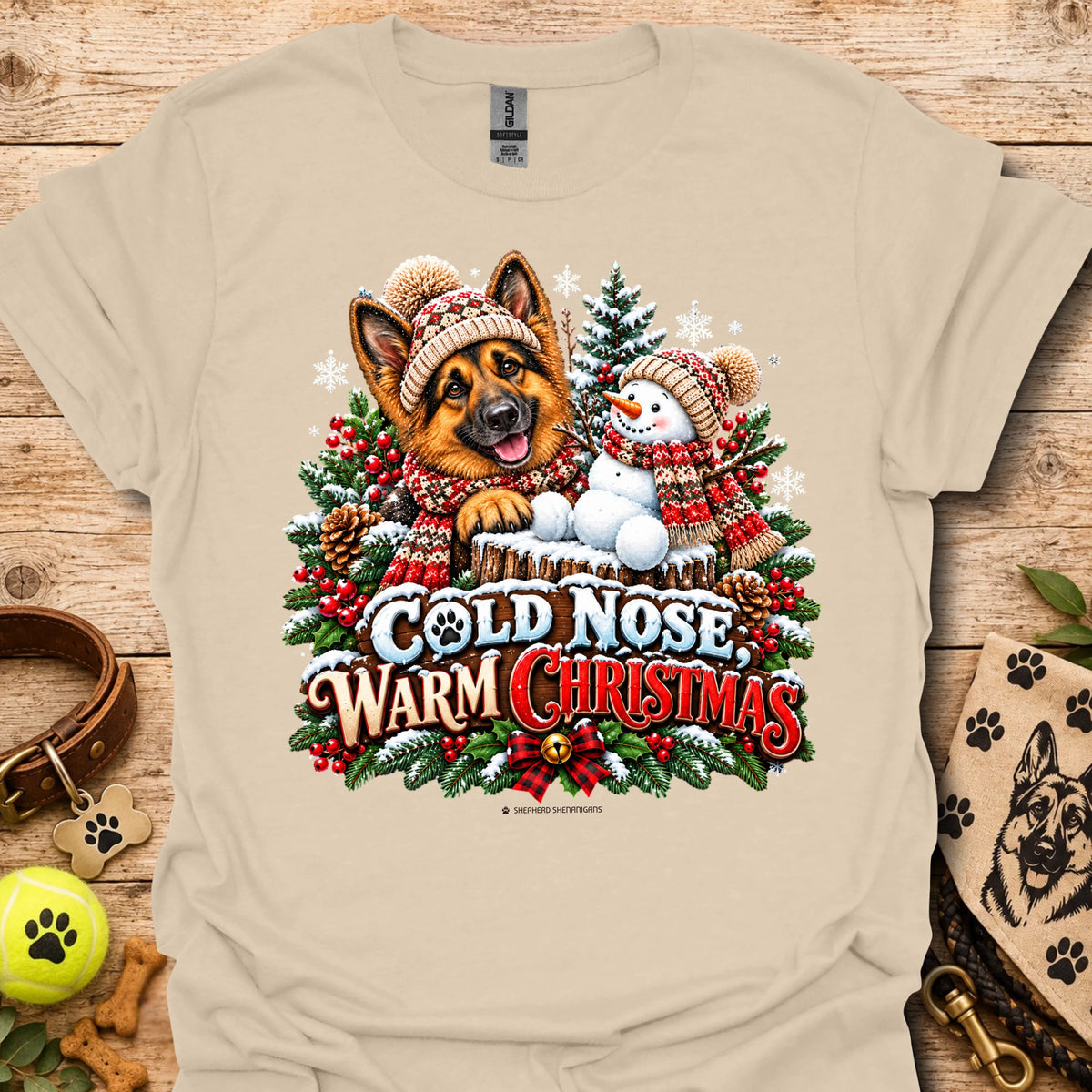 Beige t-shirt with dog and snowman graphic, 'Cold Nose Warm Christmas'
