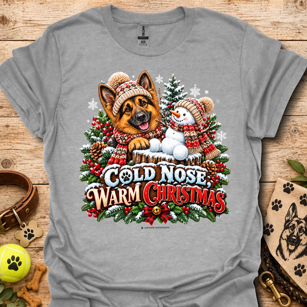Heather gray t-shirt with dog and snowman graphic, 'Cold Nose Warm Christmas'