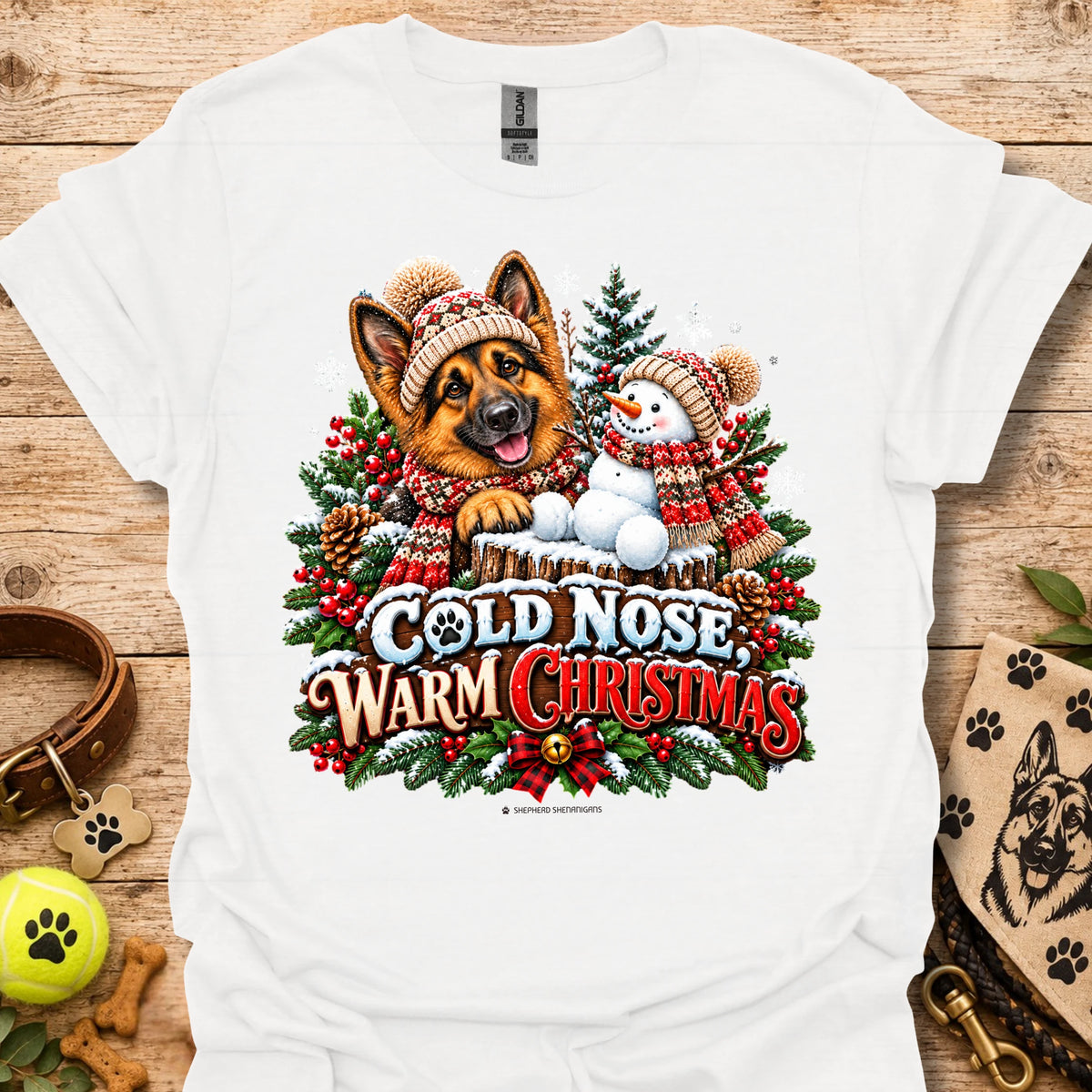 White t-shirt with dog and snowman graphic, 'Cold Nose Warm Christmas'