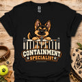Black crewneck t-shirt with cartoon dog behind fence graphic and bold text logo