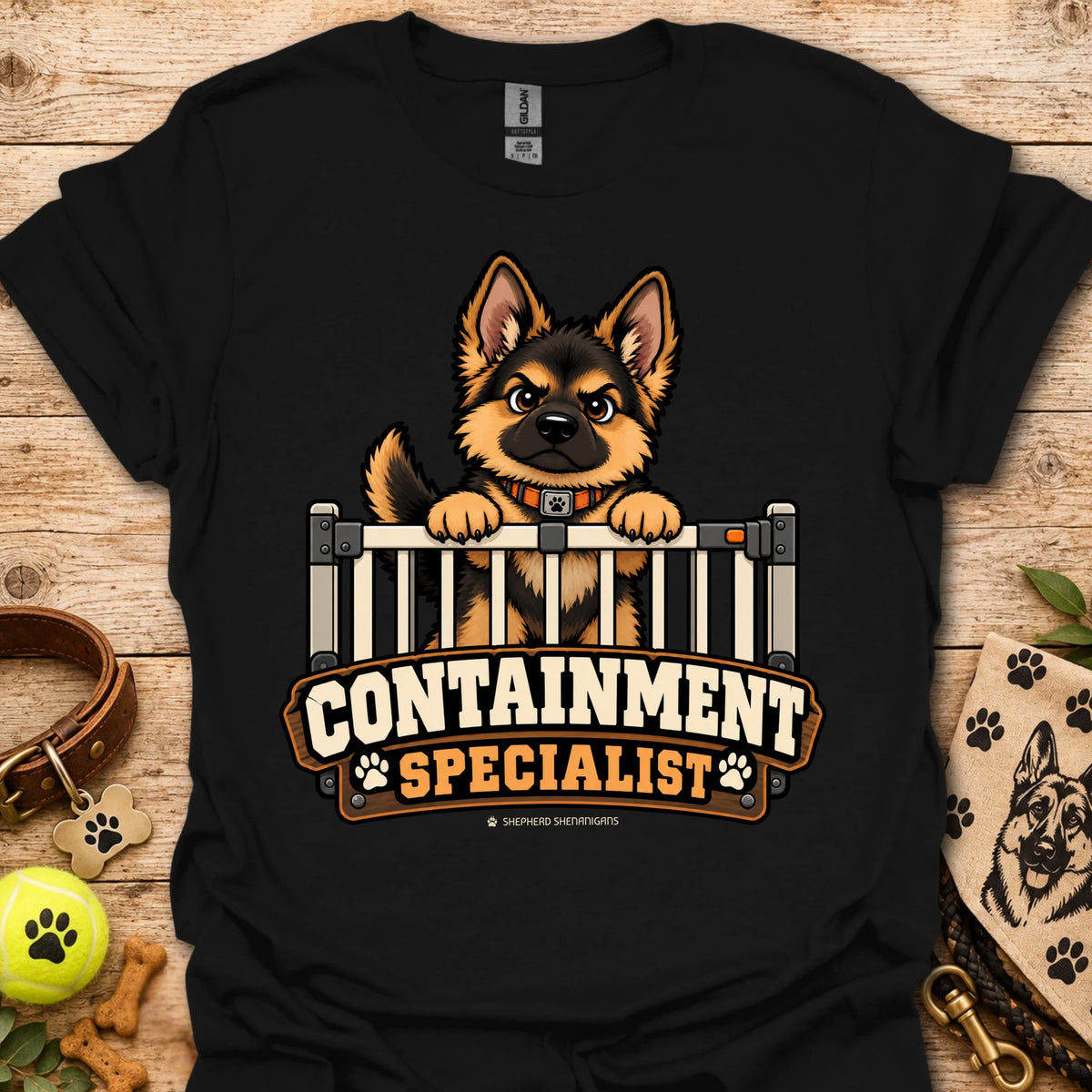 Black crewneck t-shirt with cartoon dog behind fence graphic and bold text logo