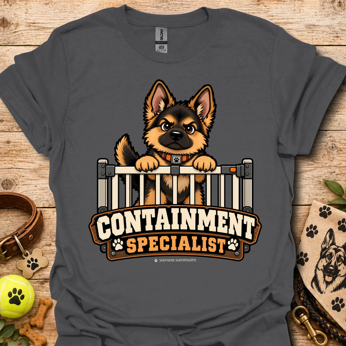 Charcoal crewneck t-shirt with cartoon dog behind fence graphic and bold text logo