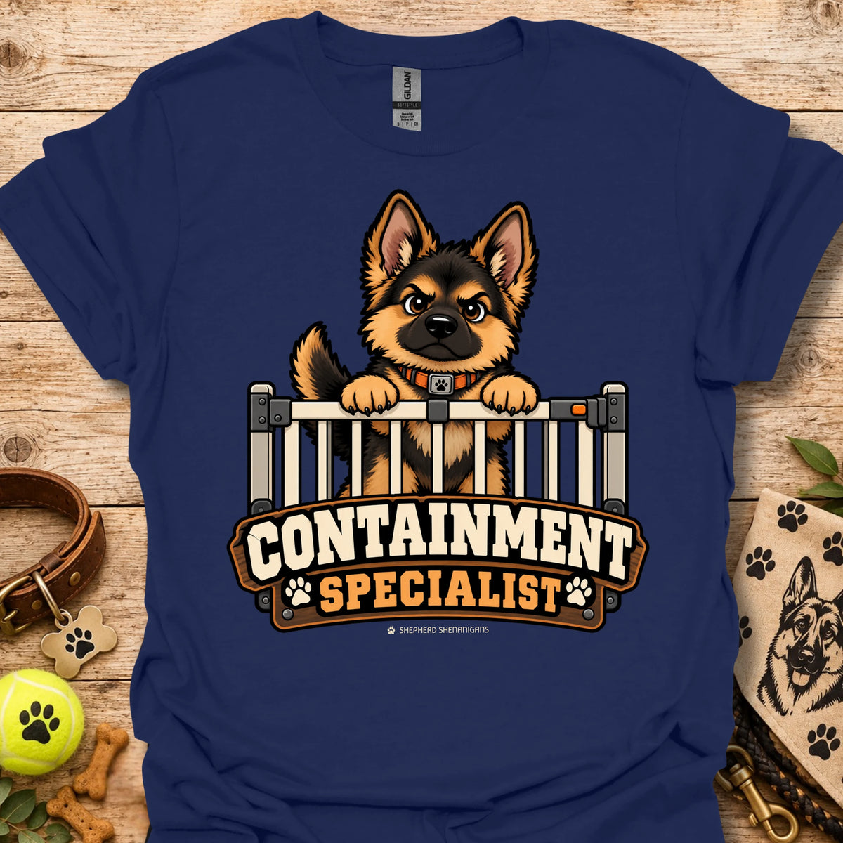 Navy crewneck t-shirt with cartoon dog behind fence graphic and bold text logo