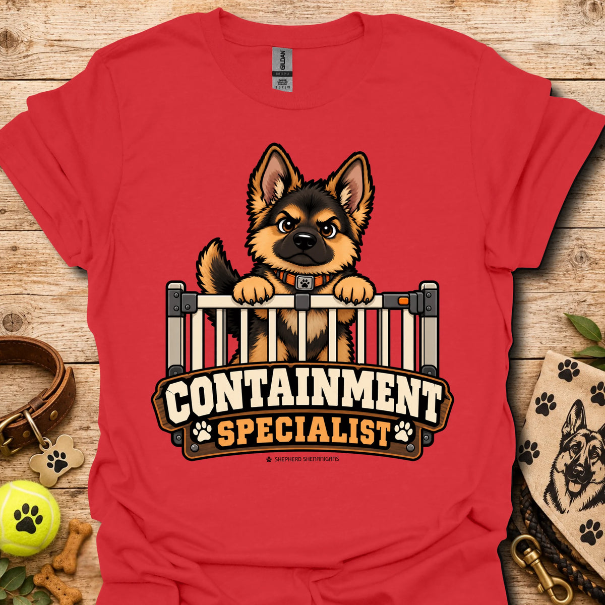 Red crewneck t-shirt with cartoon dog behind fence graphic and bold text logo