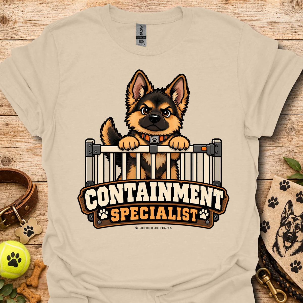 Sand crewneck t-shirt with cartoon dog behind fence graphic and bold text logo
