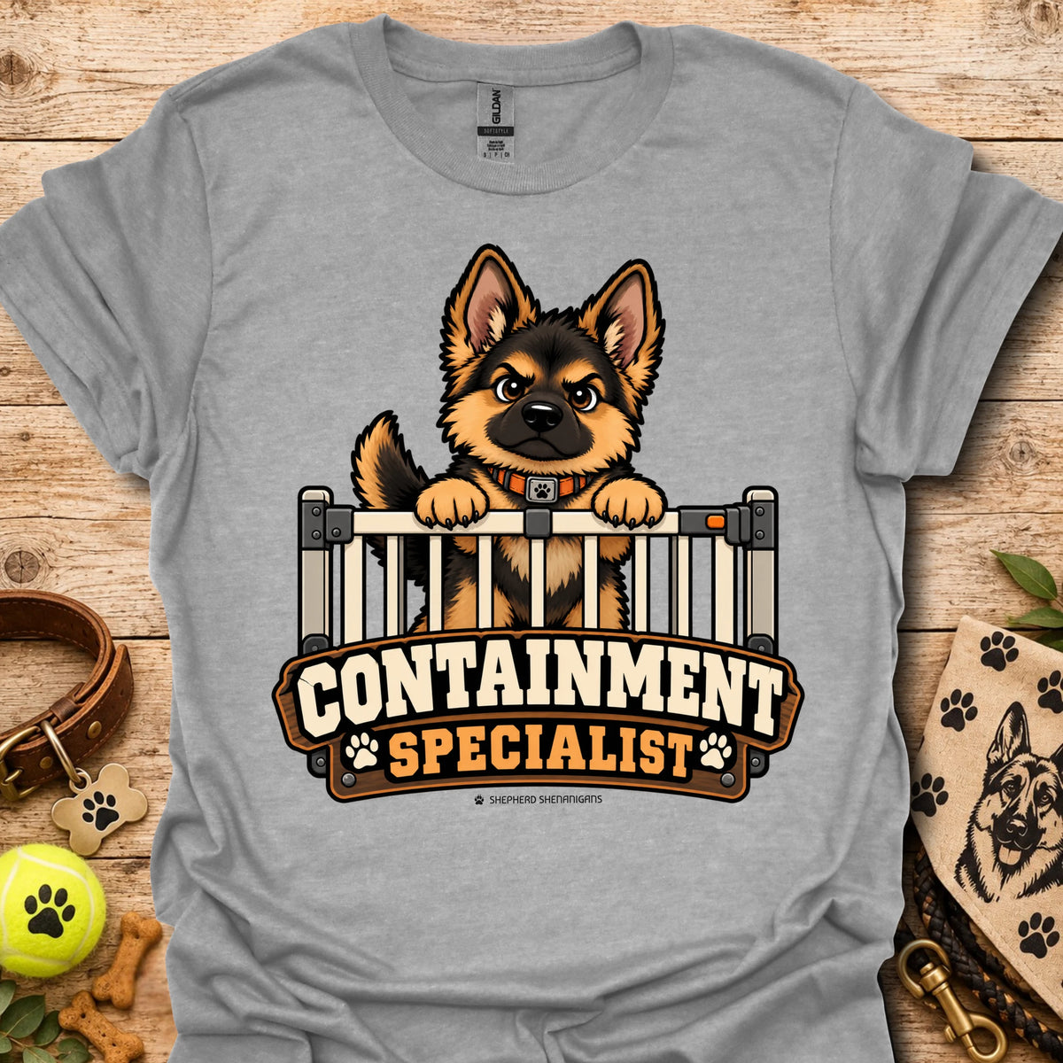 Light gray crewneck t-shirt with cartoon dog behind fence graphic and bold text logo