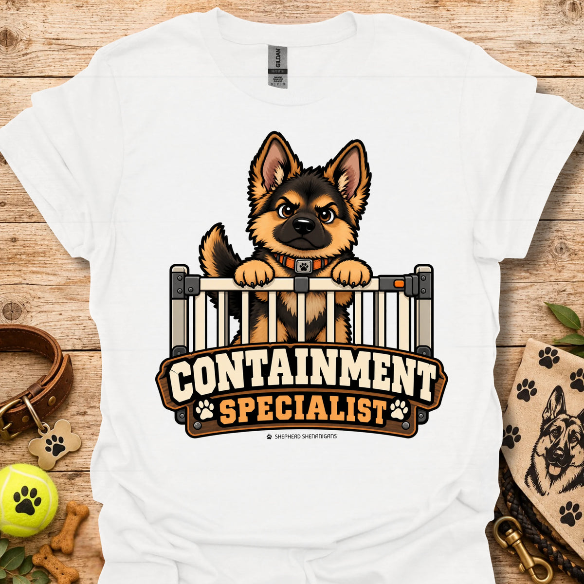 White crewneck t-shirt with cartoon dog behind fence graphic and bold text logo