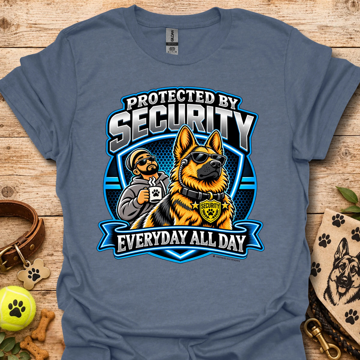 Heather indigo T-shirt with a security guard and dog graphic and “Protected by Security” text