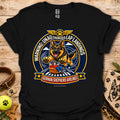 Black T-shirt with a German shepherd airline badge graphic and lap-landing warning