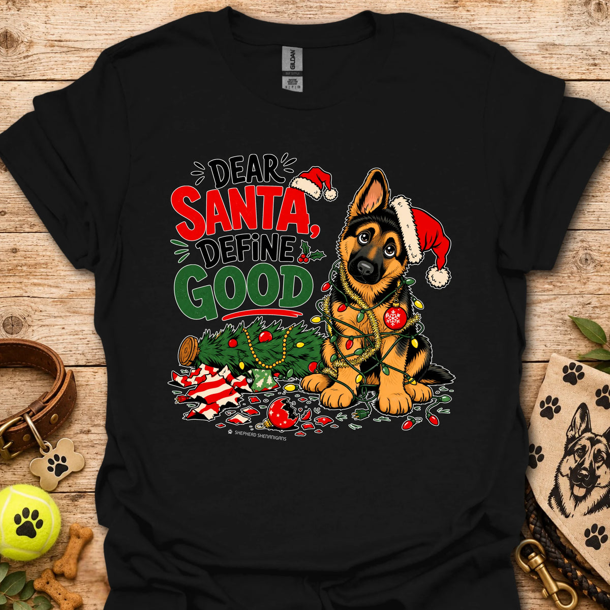 Black short-sleeve T-shirt with festive dog Santa graphic