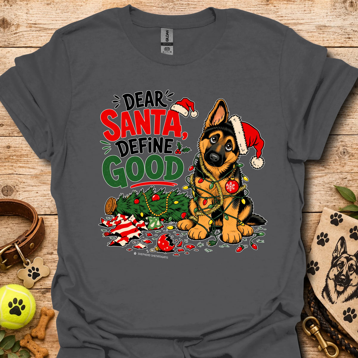 Charcoal short-sleeve T-shirt with festive dog Santa graphic