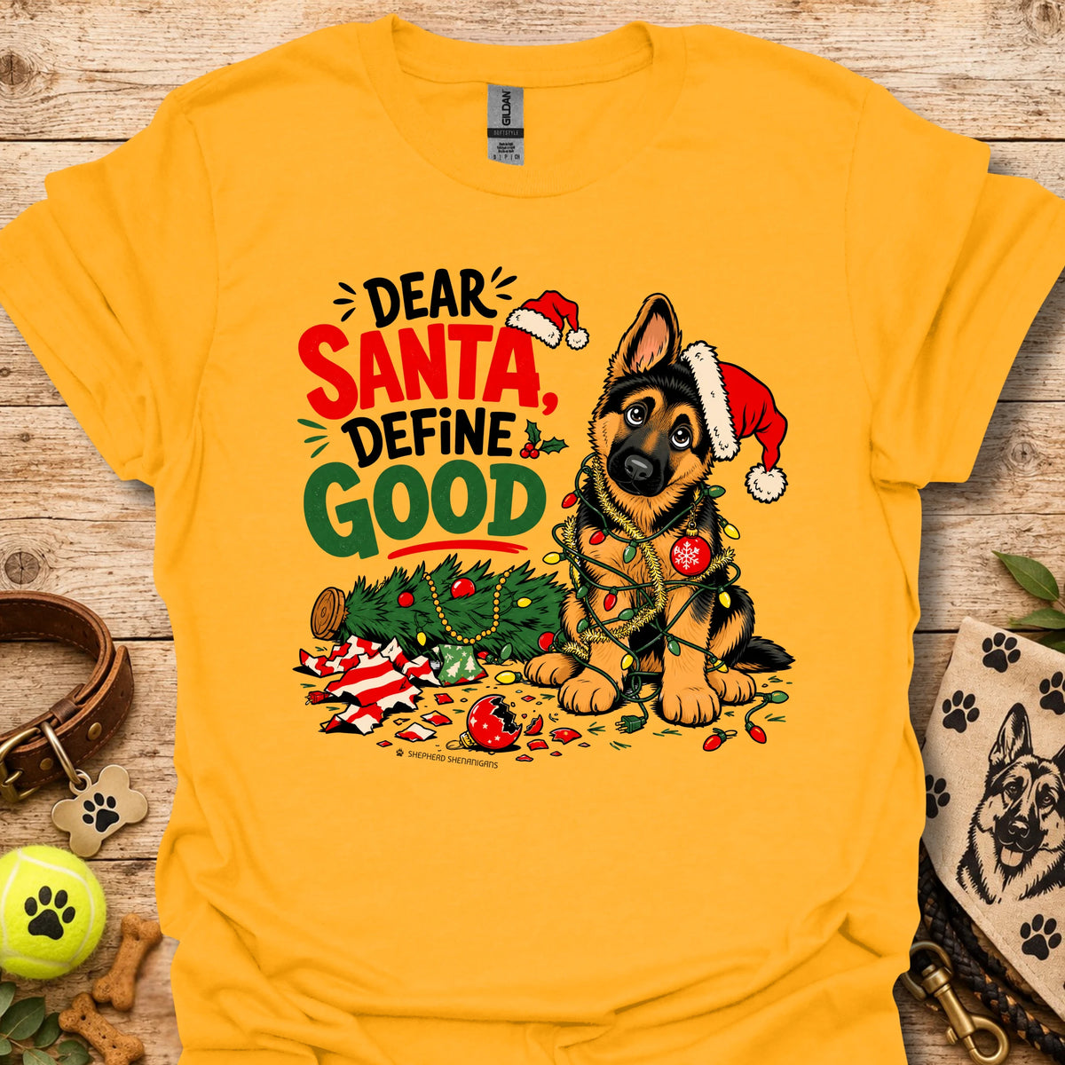 Gold short-sleeve T-shirt with festive dog Santa graphic