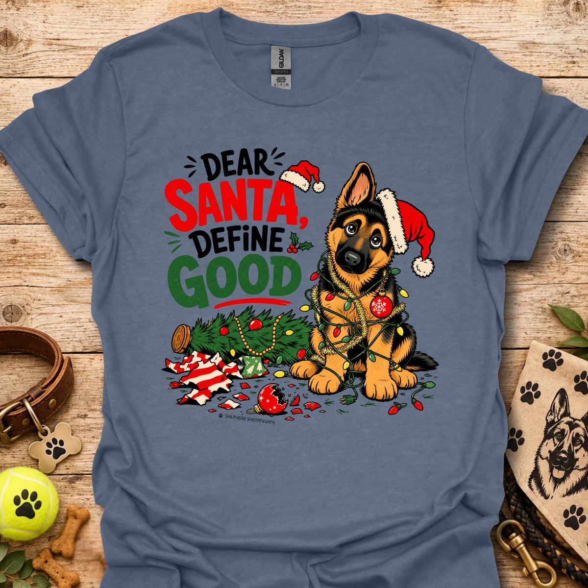 Denim blue short-sleeve T-shirt with festive dog Santa graphic