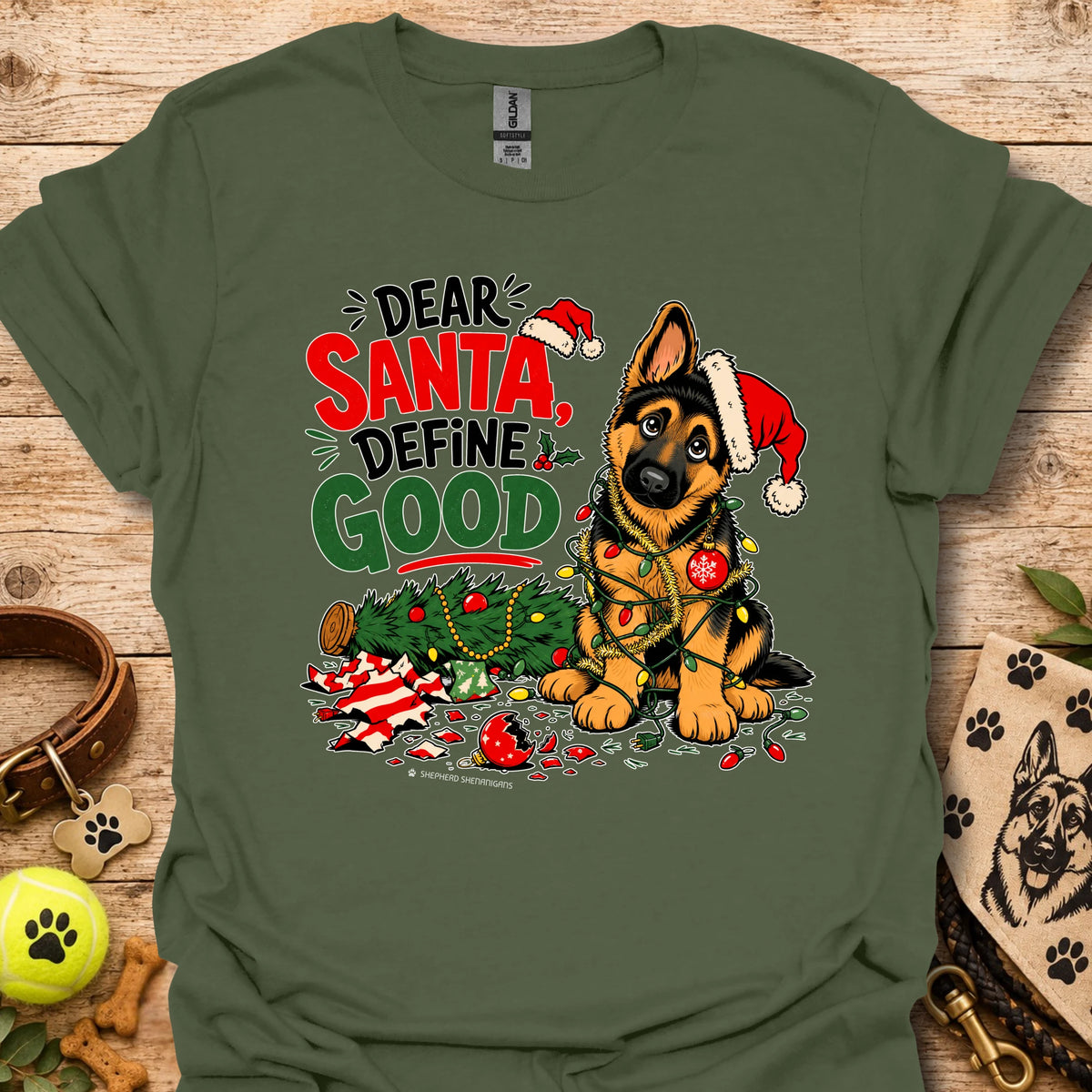 Military green short-sleeve T-shirt with festive dog Santa graphic