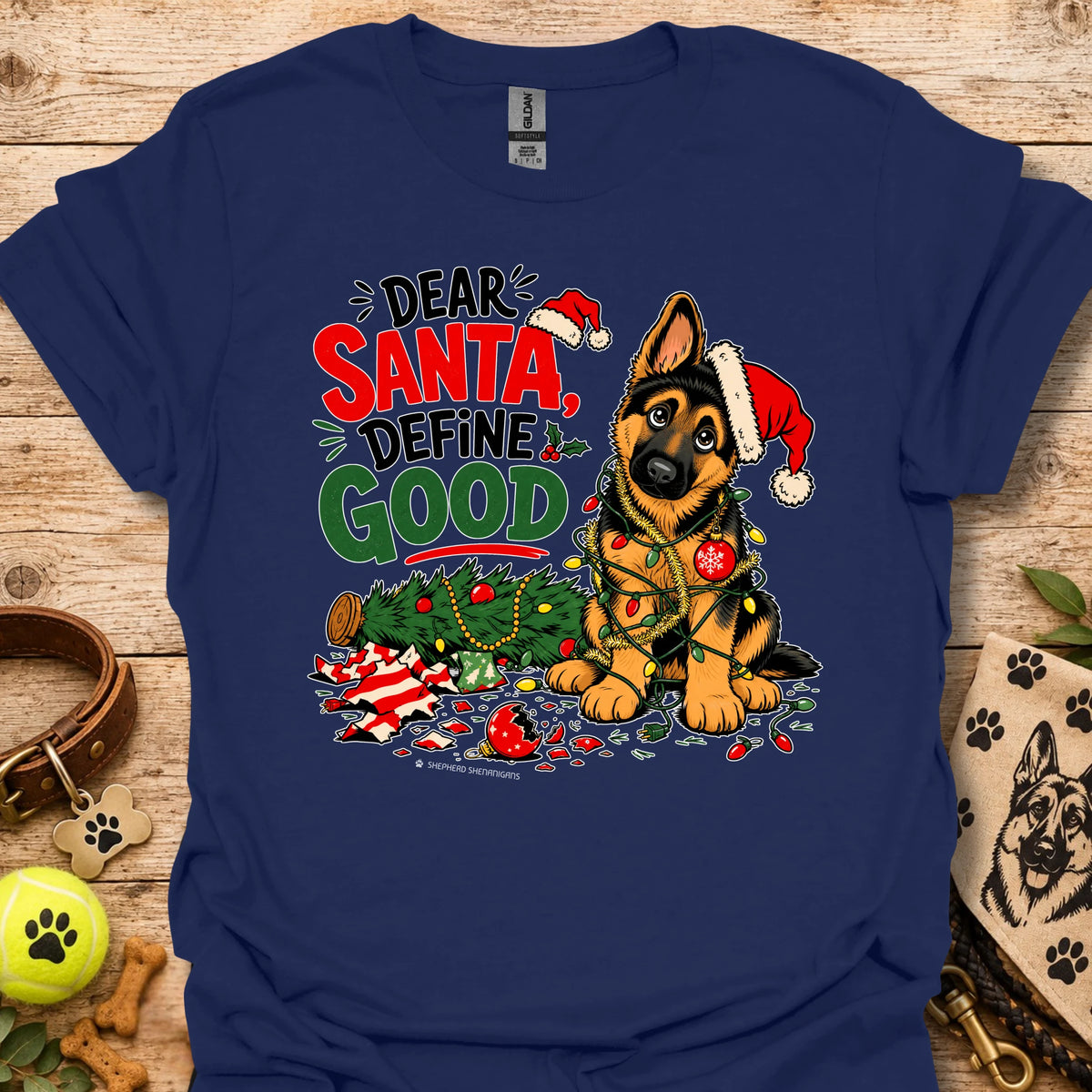 Navy short-sleeve T-shirt with festive dog Santa graphic