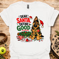 White short-sleeve T-shirt with festive dog Santa graphic