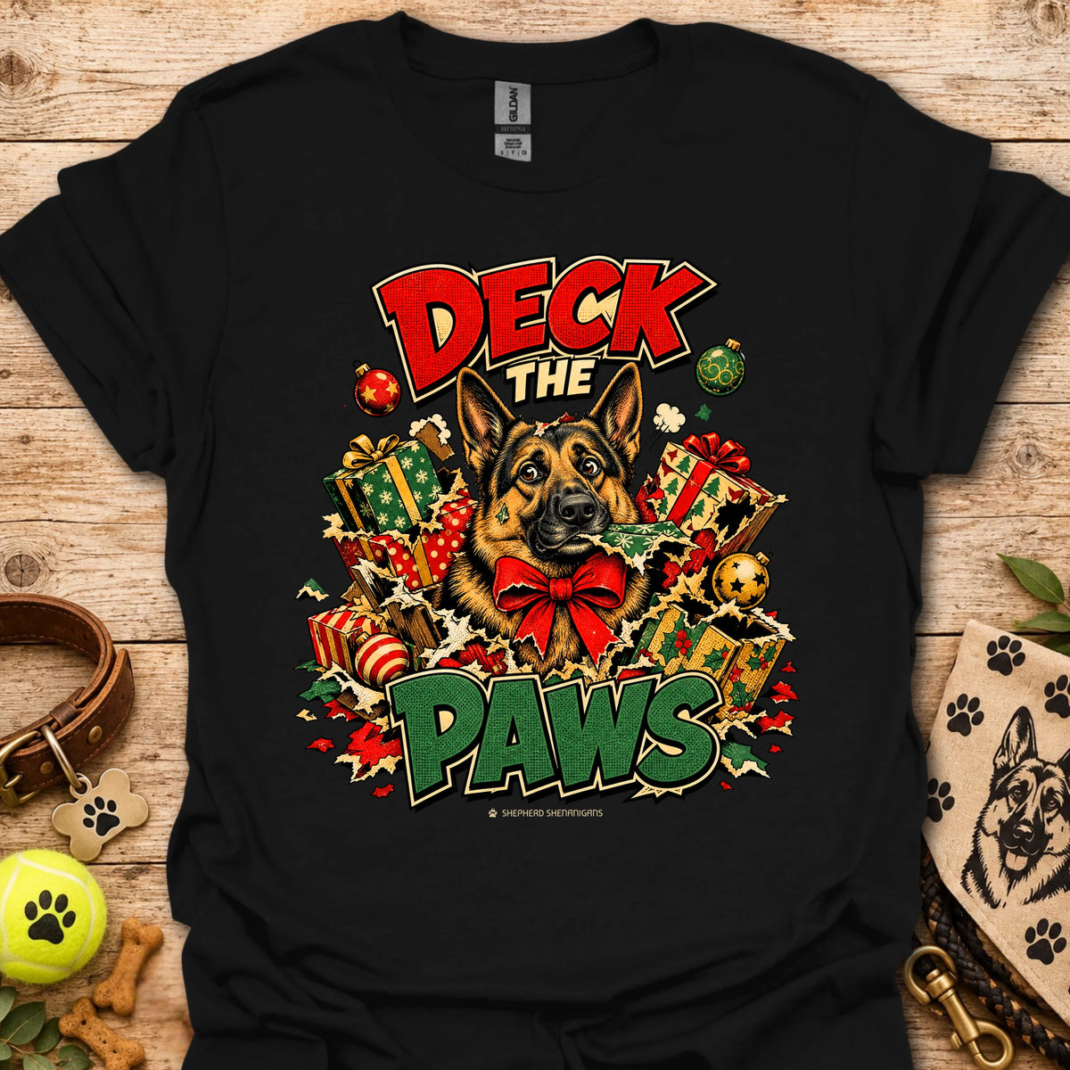 Black crew-neck T-shirt with holiday dog and gift graphic print
