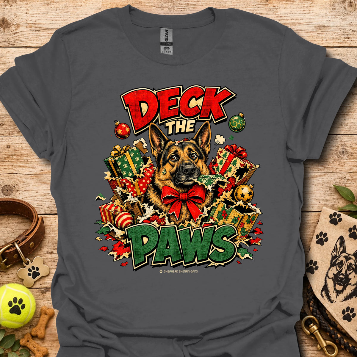 Charcoal crew-neck T-shirt with holiday dog and gift graphic print
