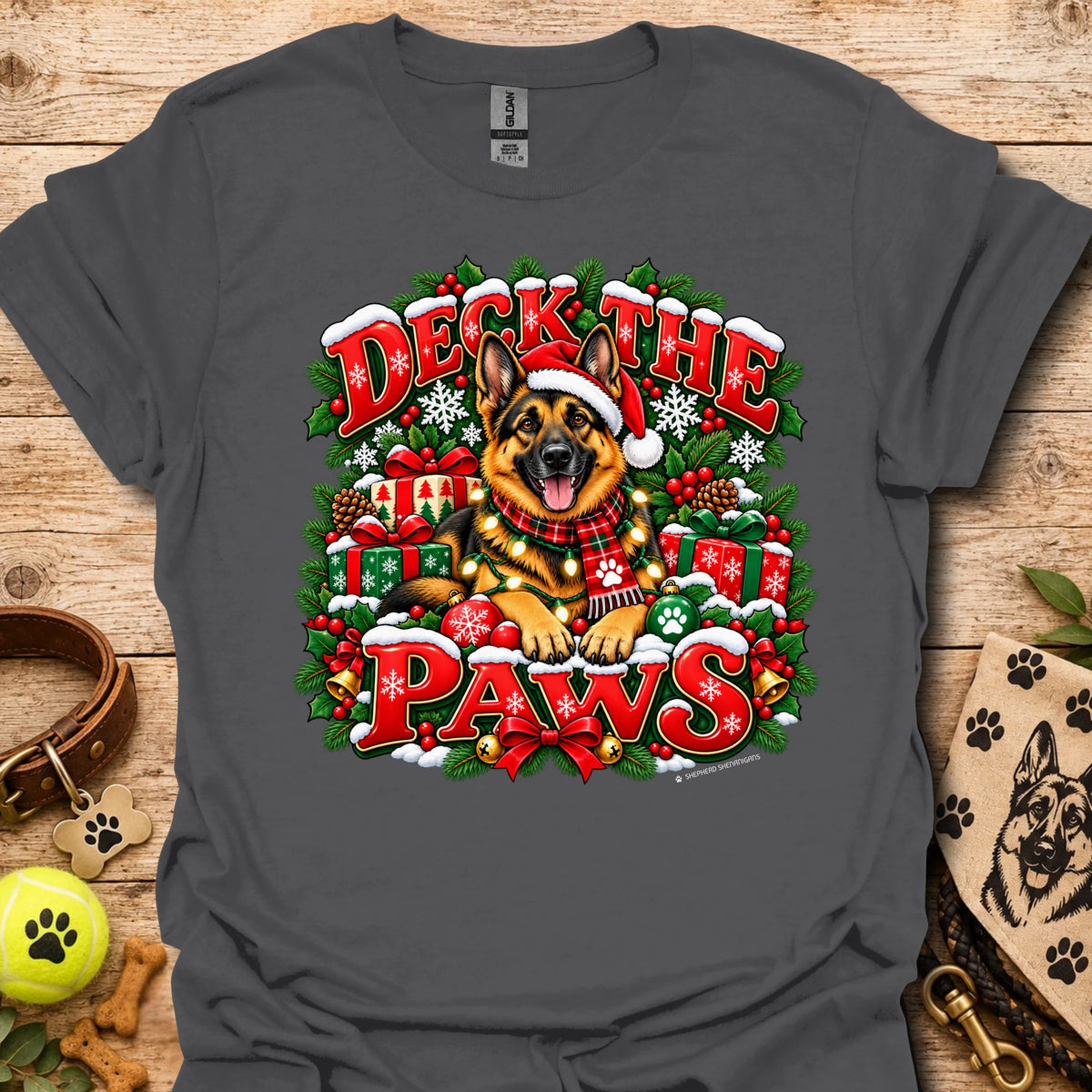 Charcoal T-shirt with “Deck the Paws” holiday dog wreath graphic, crew neck