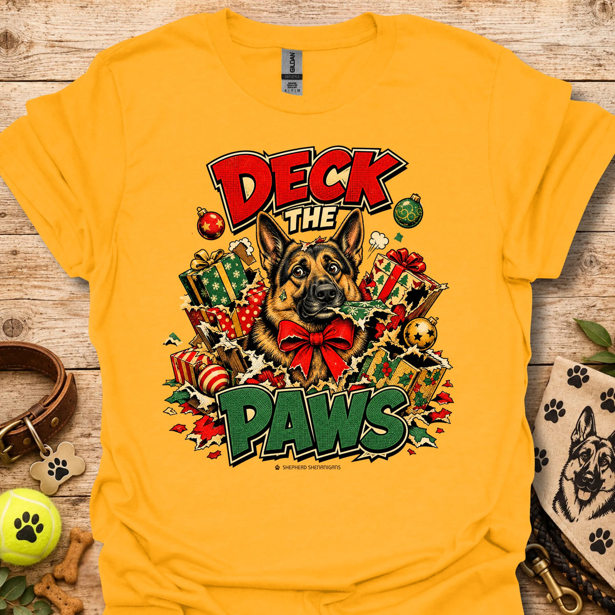 Gold/yellow crew-neck T-shirt with holiday dog and gift graphic print