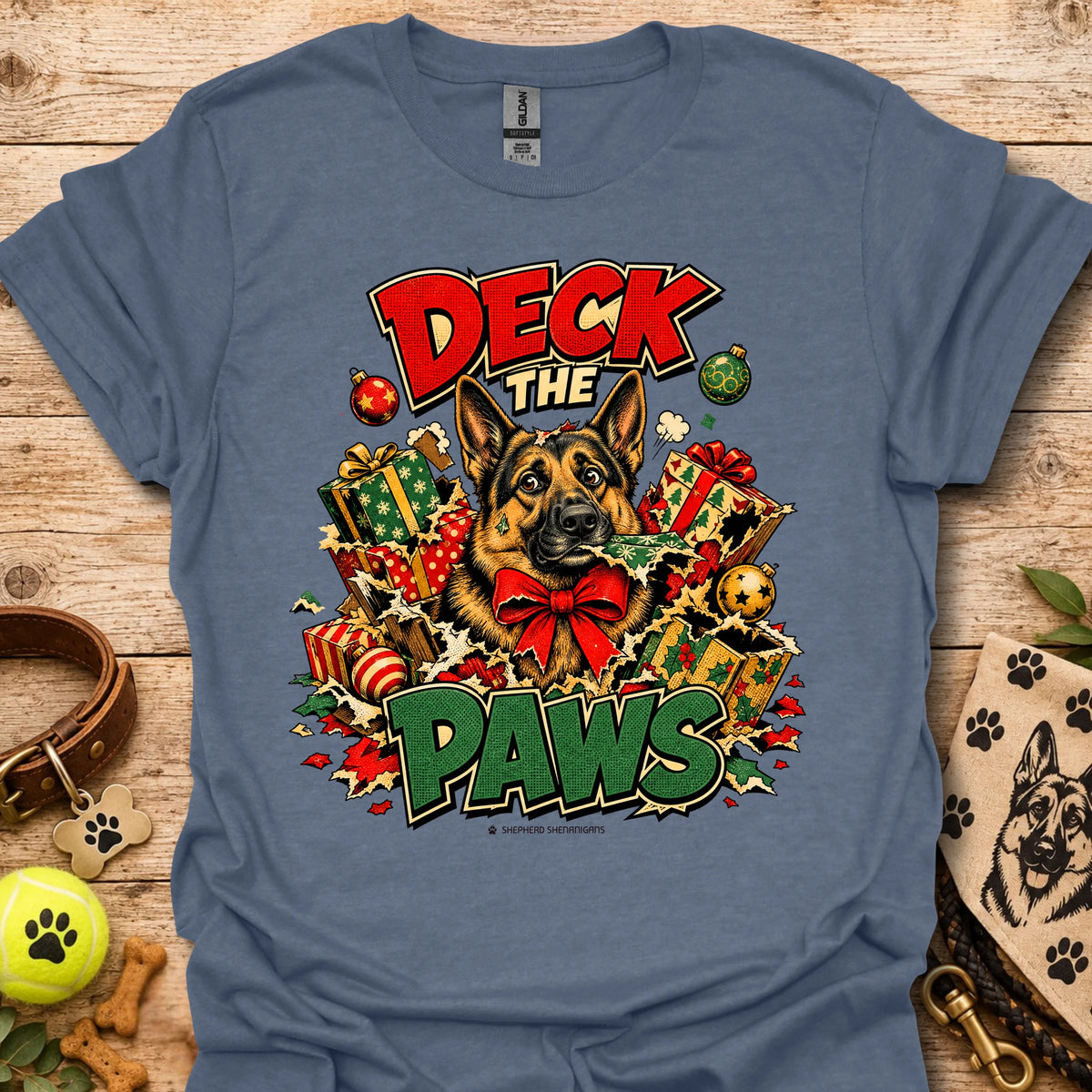 Blue crew-neck T-shirt with holiday dog and gift graphic print