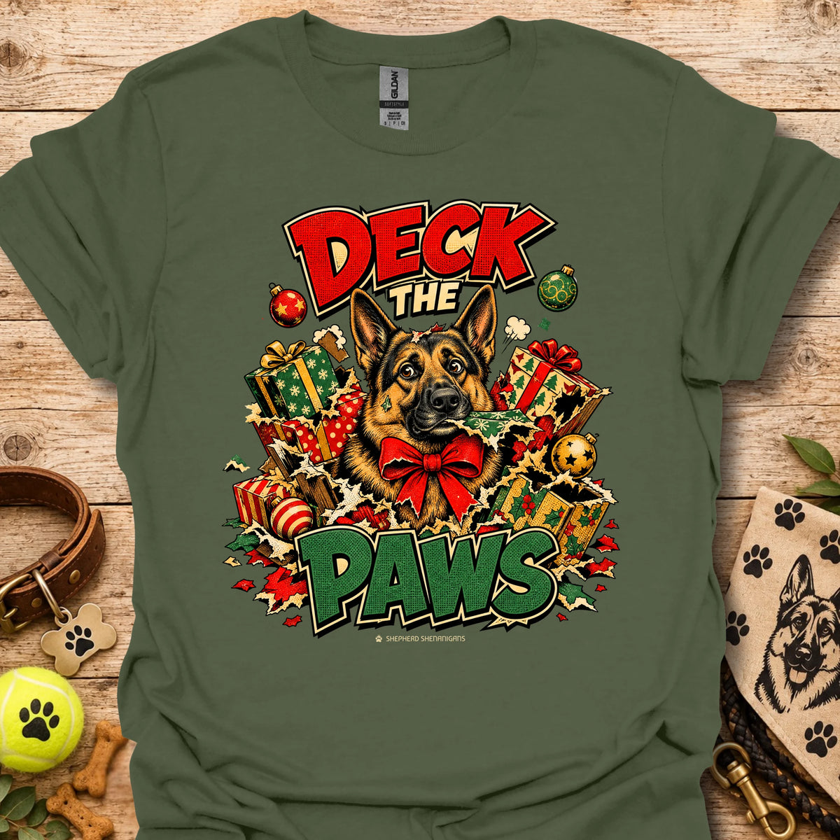Military green crew-neck T-shirt with holiday dog and gift graphic print